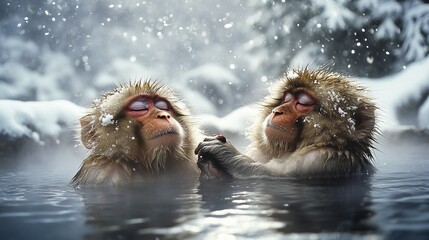 Naklejka premium In the Snowy Hot Springs, Two Cute Monkeys are Relaxing and Enjoying Blissful Winter Moments in Nature