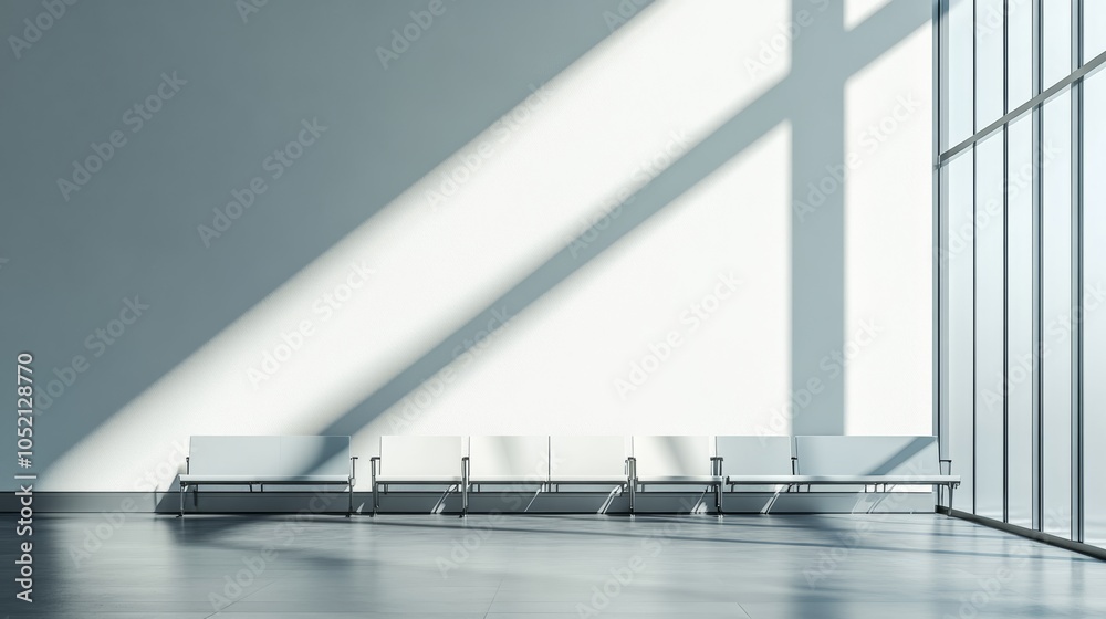 Aufkleber Sunlight is streaming through large windows in an airport terminal illuminating a row of empty seats in the waiting area