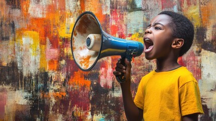 Child passionately speaking into blue megaphone