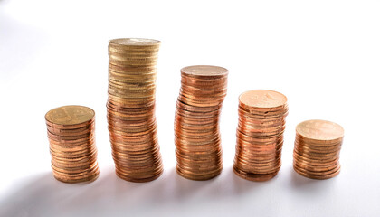 Coins floating or flying isolated white background