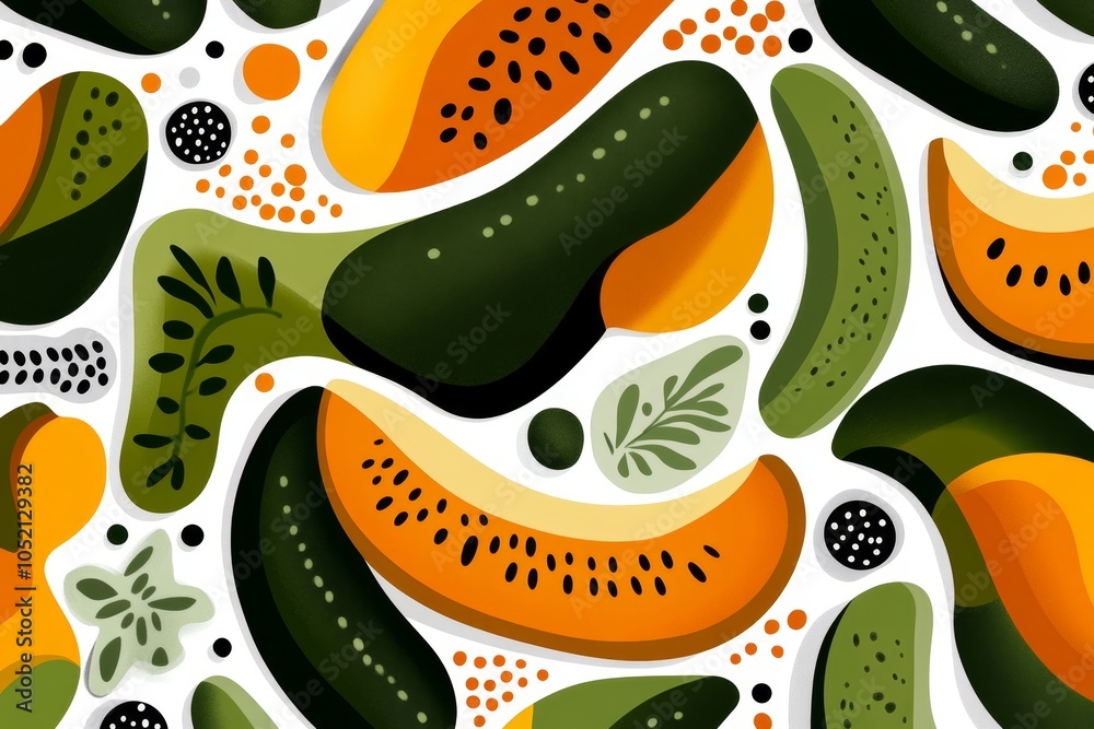 Poster a minimalist icon featuring slices of bitter melon and carrot, with clean, abstract shapes and muted