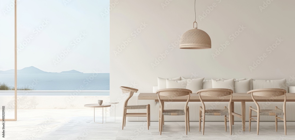 Aufkleber modern dining area with minimalist furniture, light colors, and large windows showcasing a serene vi