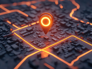 Modern digital map interface displaying a glowing location pin over a 3D cityscape.