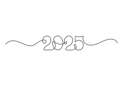 2025 Happy New Year . Christmas symbols 2025 .Continuous one line drawing. Vector illustration