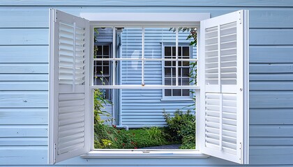 Fototapeta premium Open window of a historic white house with blue walls, green garden visible, white wooden frame, street scene, daylight, photo realistic.