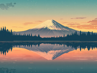 Serene sunset over a tranquil lake with a mountain reflection in a picturesque landscape.