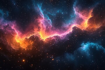 Naklejka premium A vibrant nebula with swirling clouds of orange, pink, and blue against a backdrop of twinkling stars.