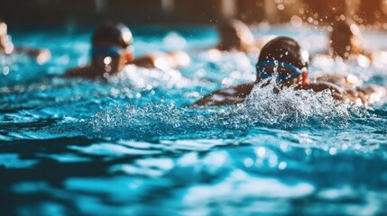 Competitive swimming race captured in splashy action.