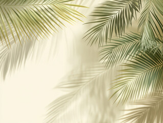 Fototapeta premium Sunlit palm leaves create playful shadows on a light wall, evoking a tropical paradise vibe.