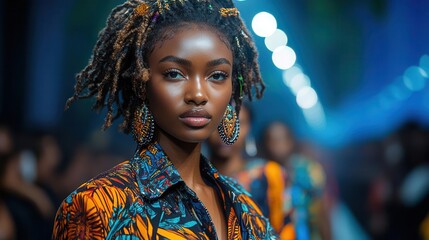 Fototapeta premium fashion models showcasing modern couture on the catwalk during a high-energy runway show, surrounded by an audience captivated by the latest trends in fashion design