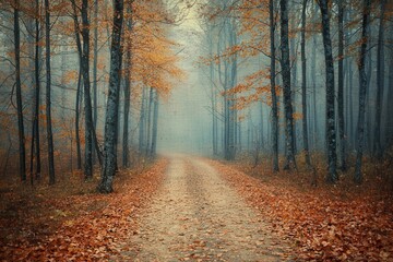 Obraz premium Serene Foggy Forest Path in Autumn with Fallen Leaves, Evoking Mystery, Calmness, and Nature's Quiet Beauty
