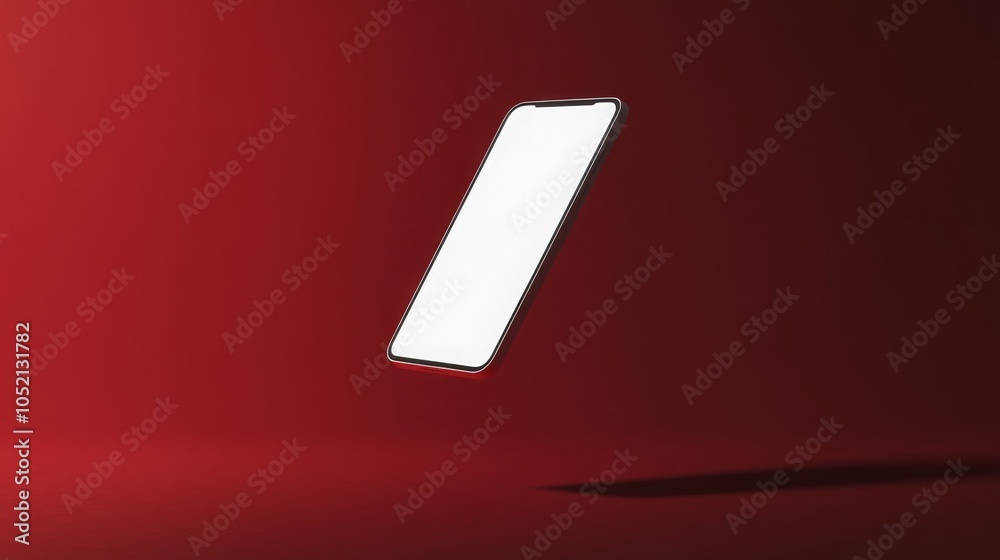 Poster A black smartphone with a blank white screen is floating above a red background, casting a shadow below it.
