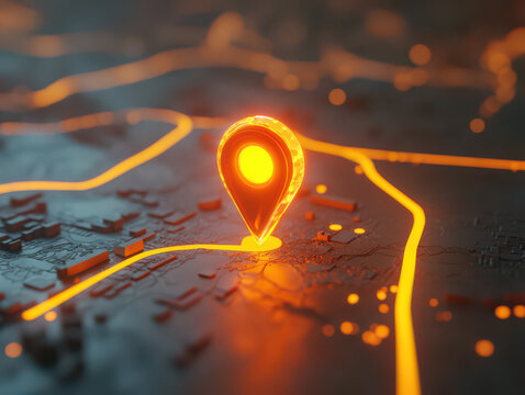 Glowing GPS navigation pin highlighting a location on an abstract 3D map.