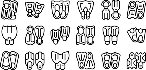 Scuba flippers icons set. Set of black line icons of diver fins, flippers for diving and swimming in different styles