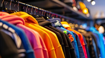 A colorful selection of hoodies hangs on a rack in a clothing store.