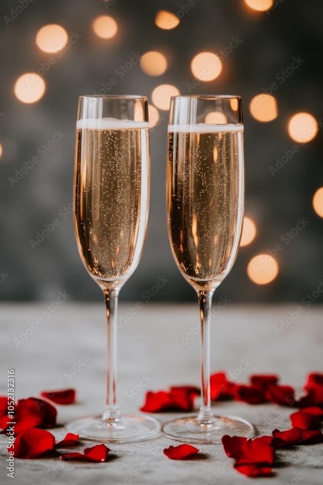 Wall mural two champagne flutes surrounded by rose petals and soft bokeh lights.