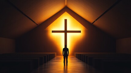 Naklejka premium A silhouette of a person standing in a church, illuminated by a glowing cross, symbolizing faith and hope.