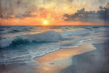 Naklejka premium Peaceful beach with waves crashing on the shore at sunrise, reflecting soft colors in the water.