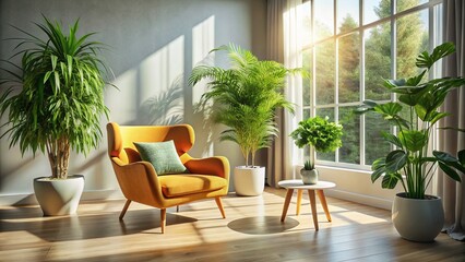 Serene Interior Space with Chair and Decorative Plant in Natural Light for Relaxation and Home Decor