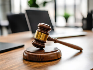 Obraz premium Wooden gavel on a desk inside a modern courtroom or office setting.
