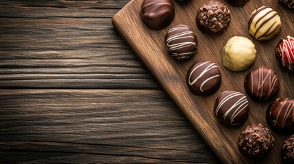 Gourmet chocolate truffles on wooden board, rustic, text area available