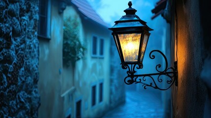 Dimly glowing metallic lantern hung on a wrought iron bracket, illuminating a narrow, old European...