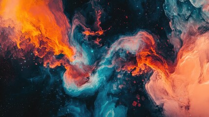 Fototapeta premium A vibrant cosmic landscape featuring a galaxy with gravitational distortion, its bright colors colliding and creating a mesmerizing effect