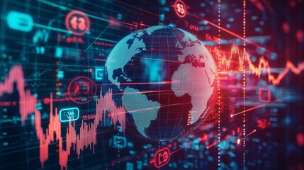 Fototapeta premium Global financial network concept A globe with interconnected financial symbols like dollar signs, euro symbols, and stock chart