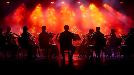Silhouette of Orchestra Musicians Performing on Stage