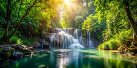 Naklejka premium Serene Waterfall in Lush Greenery - Tranquil Nature Photography for Relaxation and Calmness