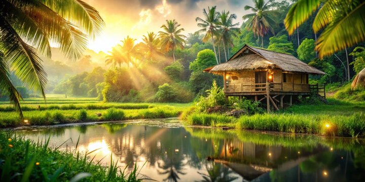 Serene Watercolored Bahay Kubo with Bokeh Effect for Tranquil Nature Scenes