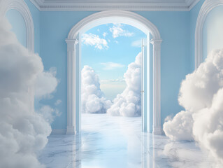 Surreal image of an open door leading from an elegant blue room to a cloud-filled sky, creating a dreamlike atmosphere.
