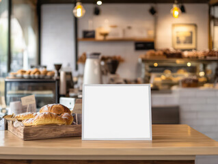 Cozy bakery interior with fresh pastries on a wooden counter and blank signboard ready for customization.
