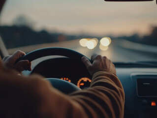 Hands gripping the steering wheel during a night drive on a blurred highway.