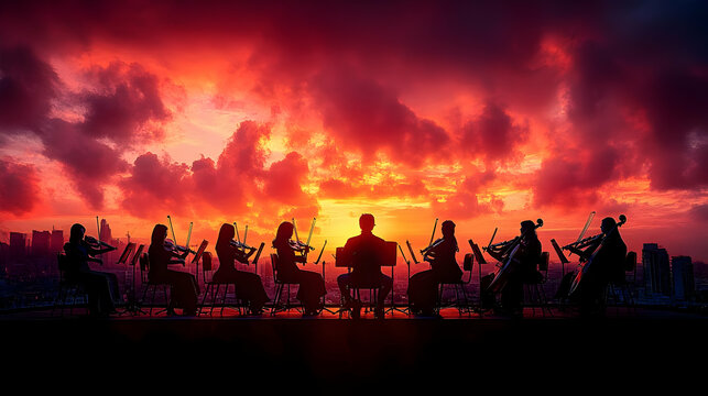 Silhouettes of Violinists Playing at Sunset