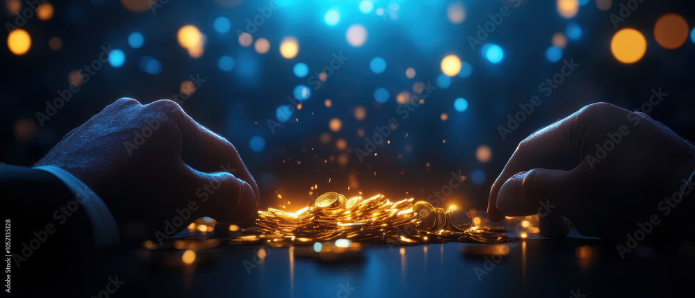 Aufkleber a close-up of hands manipulating glowing particles, set against a soft-focus background of blue and 