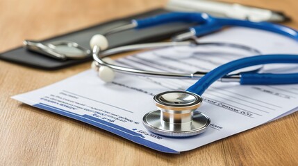 Stethoscope placed on medical documents with a clipboard and pen in the background