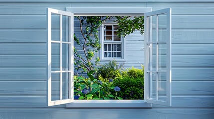 Fototapeta premium Open window of a white house with blue walls, green garden view, street scene, white wooden frame, daylight, photo realistic.