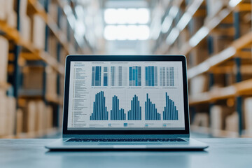 A laptop displaying data analytics on a desk in a warehouse, surrounded by shelves filled with boxes.