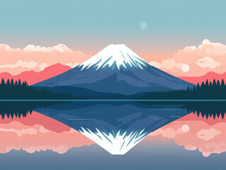 Serene mountain landscape with vibrant sunset and reflection on a calm lake.