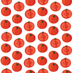 Red tomatoes seamless pattern with full and cut piece. Fresh vegetable concept for textile print