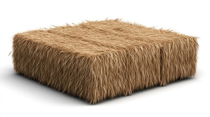 A bale of hay is shown isolated against a plain white background, highlighting its texture and natural color in a simple composition