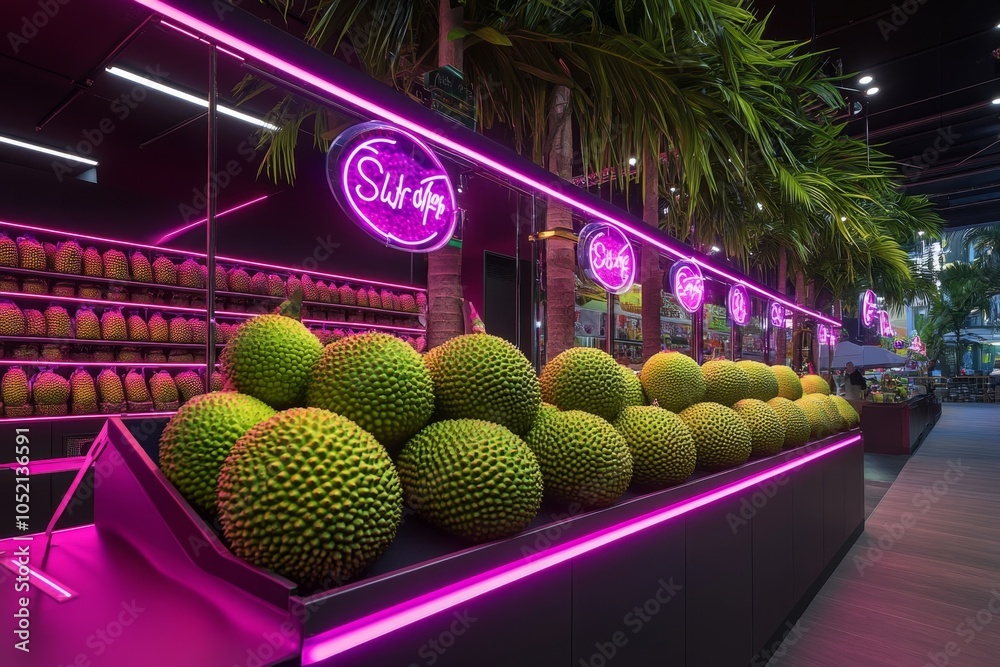 Poster durians displayed in a high-tech market stall with holographic price tags and glowing neon accents