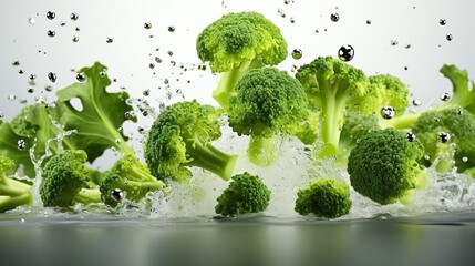 Fresh green broccoli florets splashing in water against a gray background.