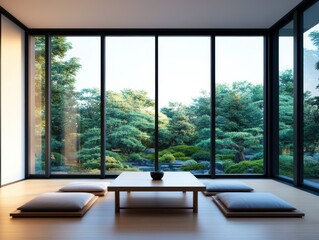 Fototapeta premium A serene room with a view of a lush garden, featuring a minimalist design and cozy seating for relaxation and tranquility.