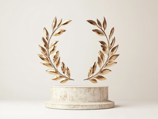 Golden laurel wreath atop a marble pedestal in a minimalist setting.