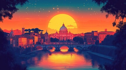 Obraz premium A vibrant sunset over Rome, highlighting the iconic St. Peter's Basilica with glowing, colorful skies