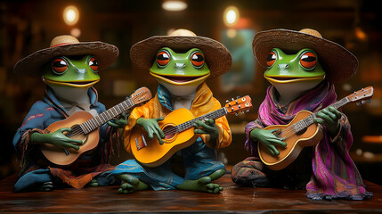 Fototapeta premium Three Frogs Playing Guitars 3D Illustration