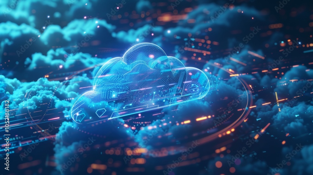 Poster glowing digital cloud visualizing secure data storage and access in innovative cloud computing syste