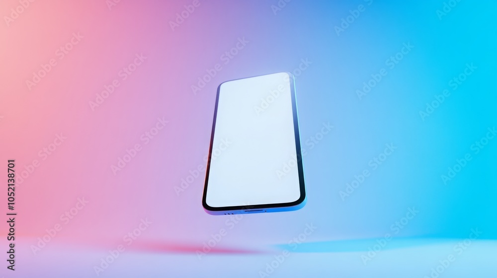 Poster A smartphone is floating in mid-air, hovering above a light background. The screen is illuminated and blank, while the device is surrounded by a pink and blue gradient.